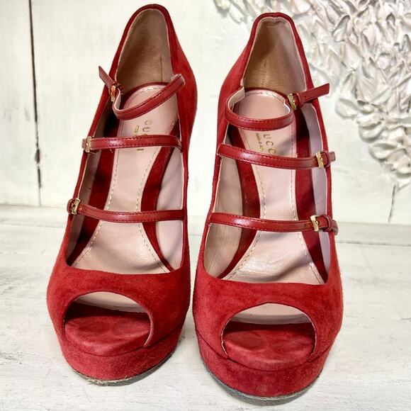 Gucci Lisbeth Suede Strappy Peep Toe Stilettos Heel Pumps Rose Bed Women's 38.5 - Picture 5 of 11